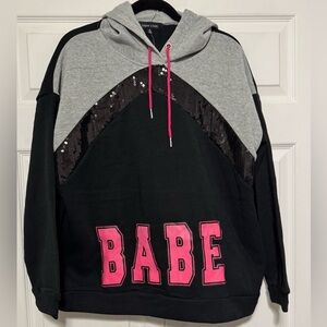 New Look Women’s Black and Gray Hoodie with Pink 'Babe' Design Sz 1X